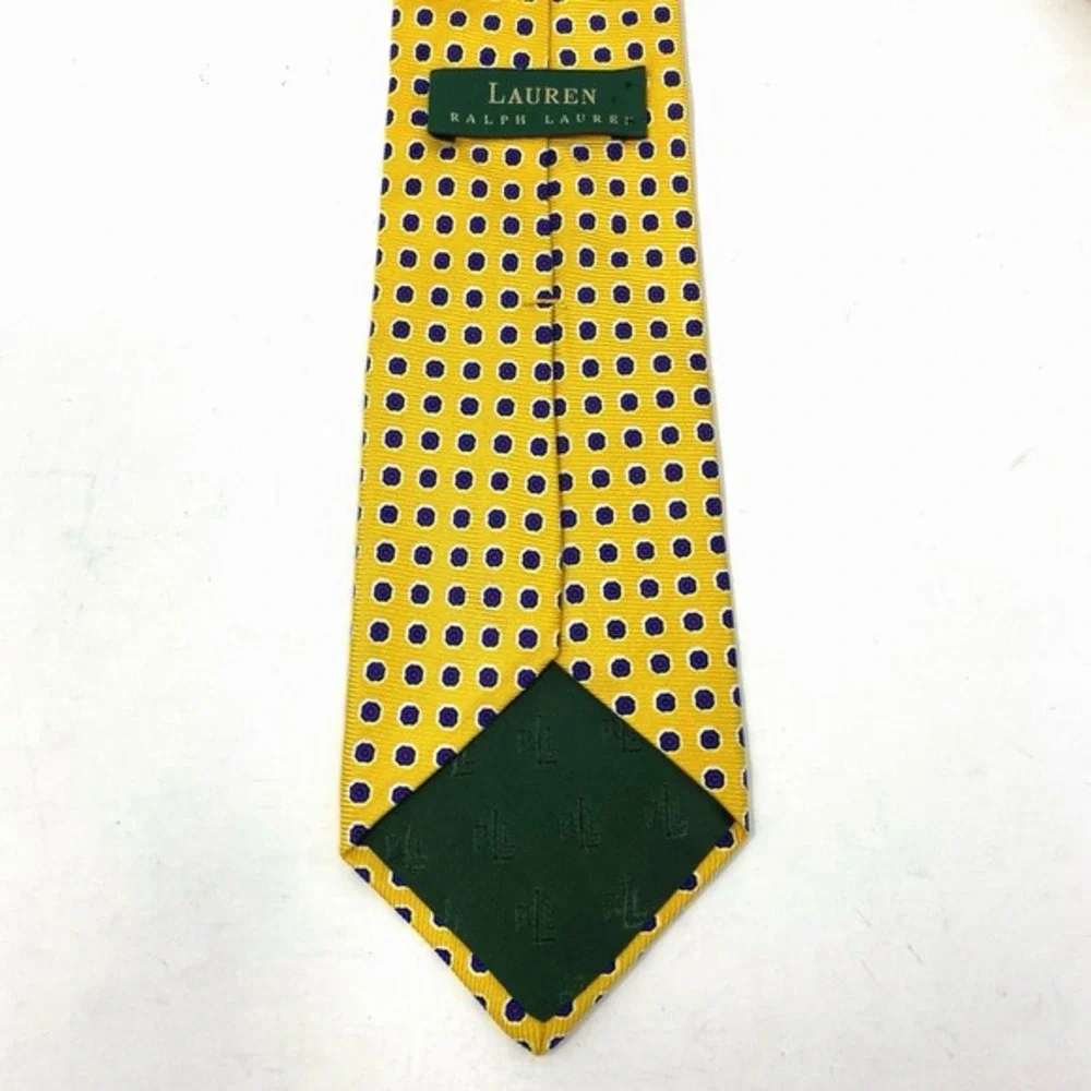 Lauren Ralph Lauren Mens Necktie 100% Silk Made in USA Hand Finish Yellow Logo